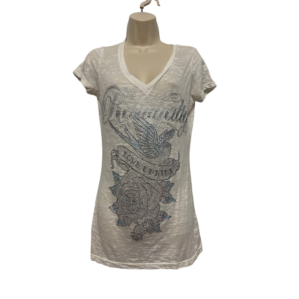 Rawyalty Couture Womens White Burnout Rhinestone Graphic‎ V-Neck Tee Large L